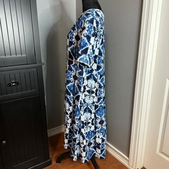 Chico’s Dress Size 2 Large Blue Tie Dye Midi Cotton Short Sleeve Boho Casual - Picture 4 of 9
